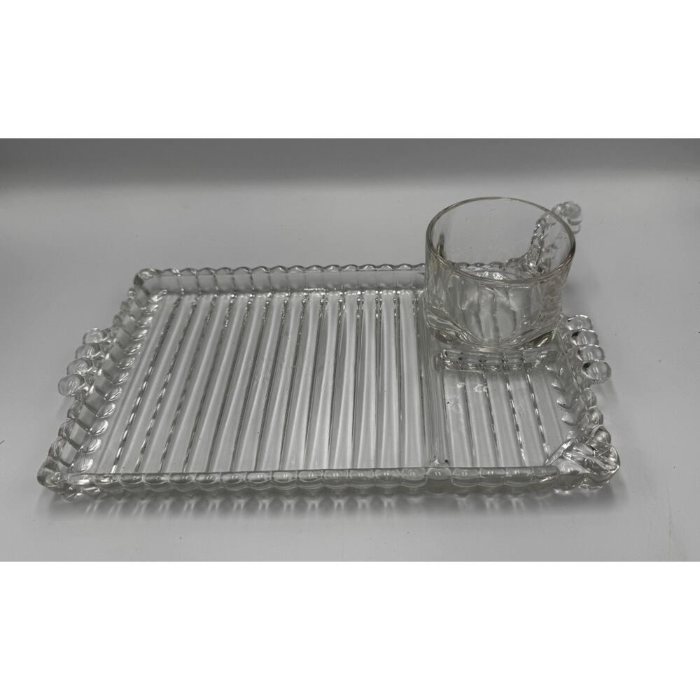 Hazel Atlas Ball & Rib Glass Sip N Smoke Snack Luncheon Tray & Cup Set Of 4